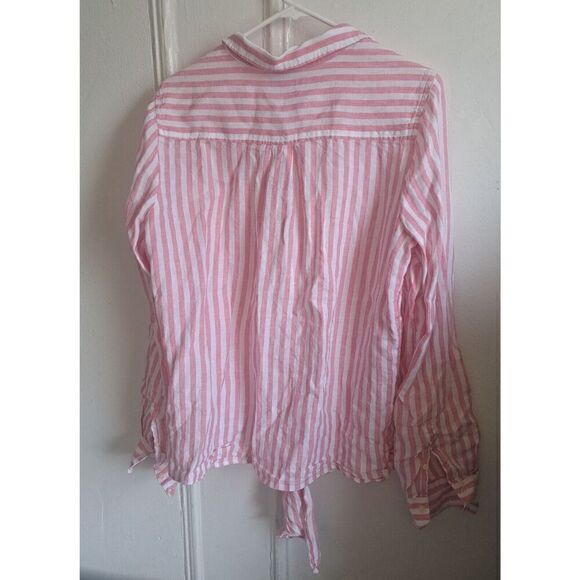 J Crew Womens LARGE TALL FIT 100% Linen Shirt Pink White Stripe Button LAGENLOOK - Picture 6 of 10